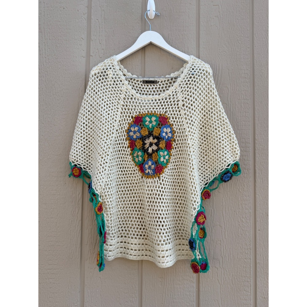 Rage One Size Crochet Poncho Top Boho Festival Floral Cotton Blend Mesh Trim